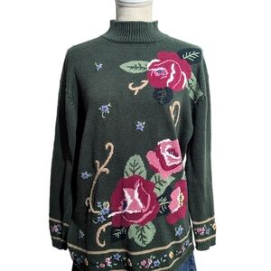 Vintage Floral Embroidered Mock Neck Sweater Vintage Green Floral Sweater Rose